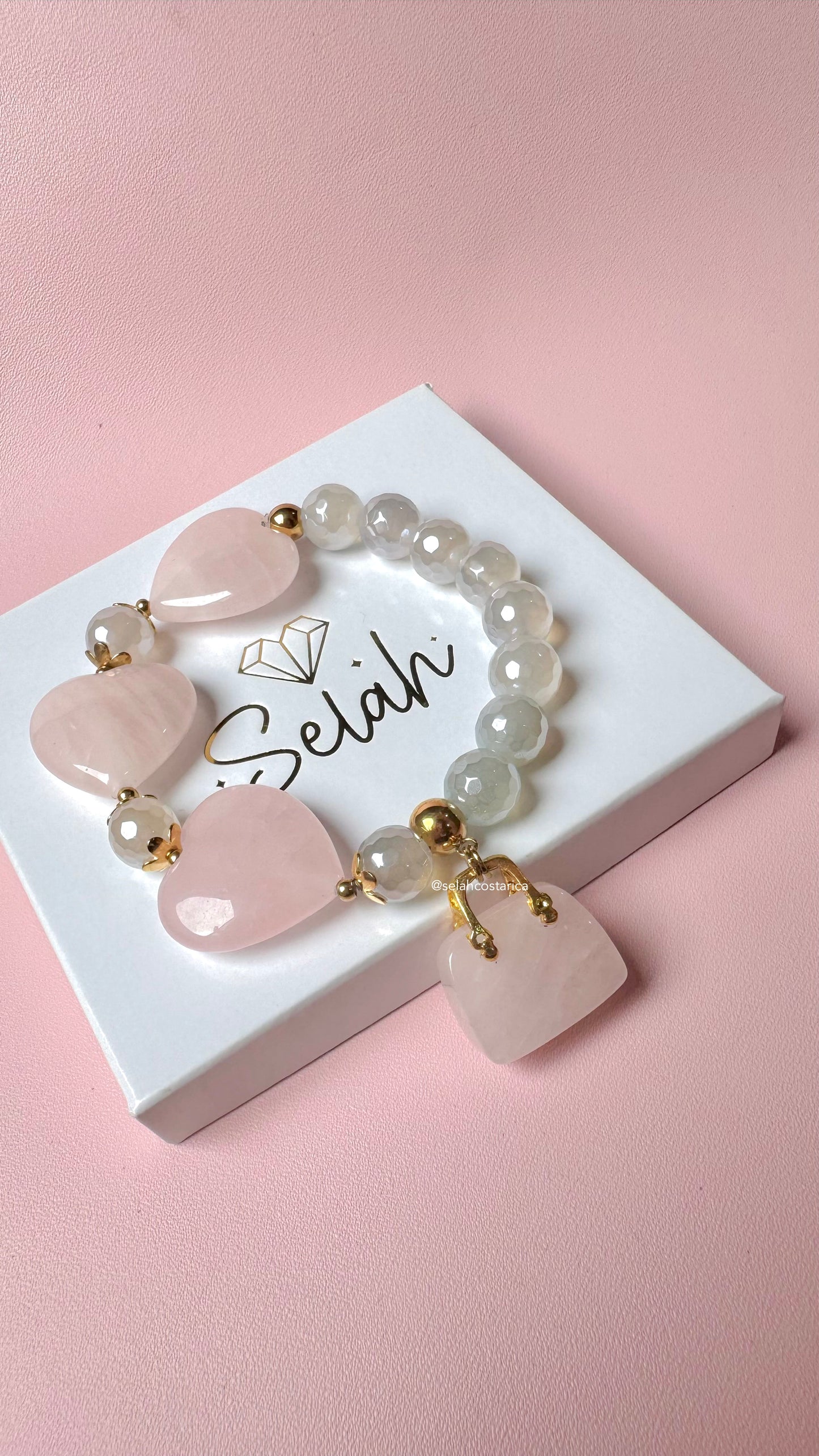 Pulsera Bolsito & Corazones Cuarzo rosa