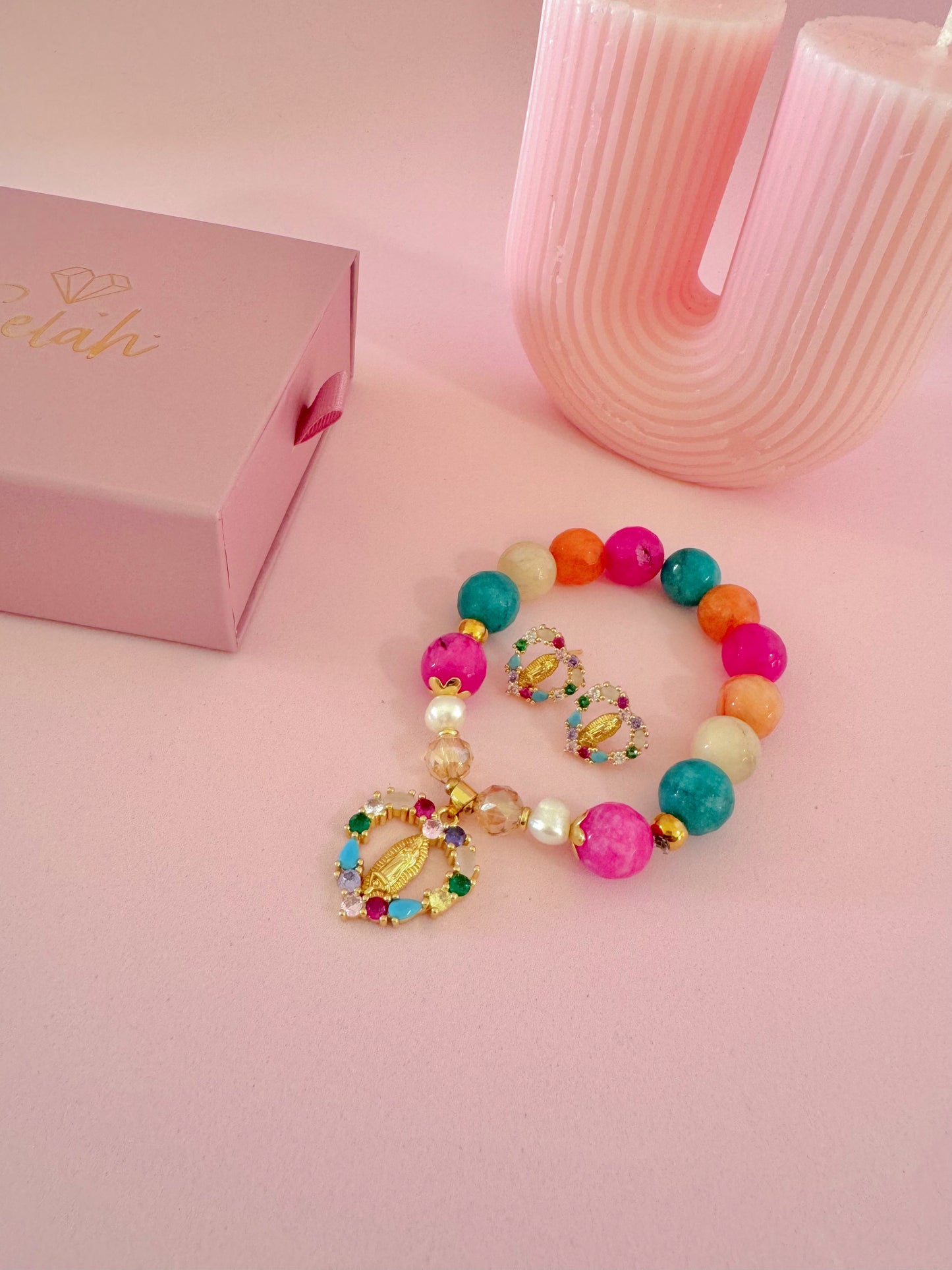 Pulsera & Aretes Virgen Colores